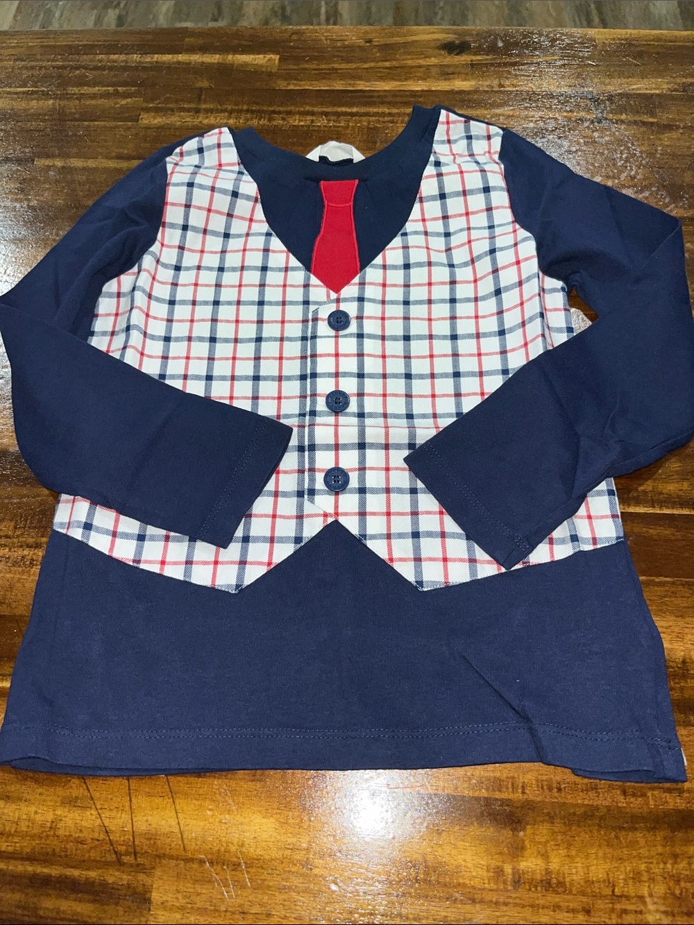 Beebay Navy Plaid Vest-Front Long Sleeve Tee with Red Tie Detail size 6Y